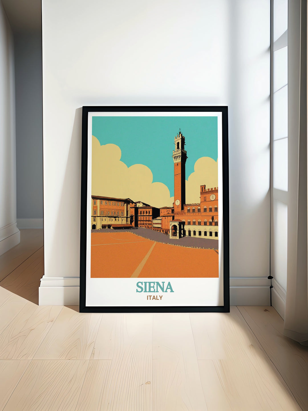 Siena Poster Print in black and white featuring Piazza del Campo. The fine line city print includes the Siena Street Map and Botanical Garden making it an ideal decor choice or a thoughtful gift for any occasion such as birthdays anniversaries or holidays.