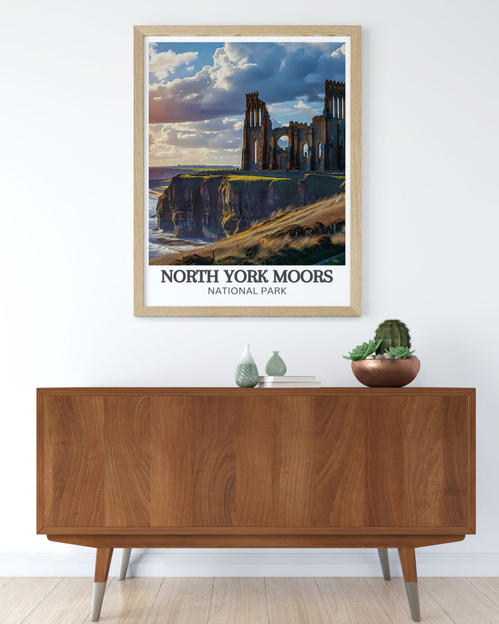 Celebrate the rich history and cultural significance of Whitby Abbey with this detailed travel poster, depicting the iconic ruins and the breathtaking coastal views, making it a standout piece for any collection.