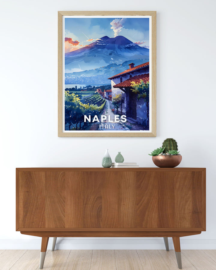 NAPLES Art Print capturing the rich culture and history of Naples Italy with Mount Vesuvius looming majestically in the distance. A perfect gift for travel lovers and home decor enthusiasts.