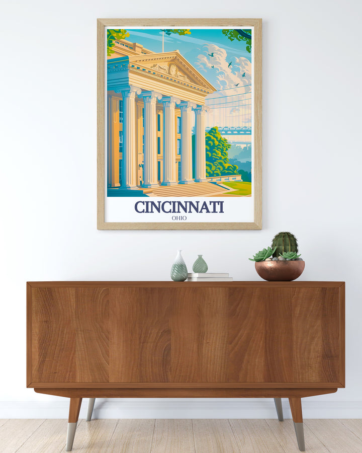Exquisite Cincinnati Art Museum Roebling Suspension Bridge poster blending vintage and modern art elements ideal for enhancing your home decor and celebrating the beauty of Cincinnatis architectural icons