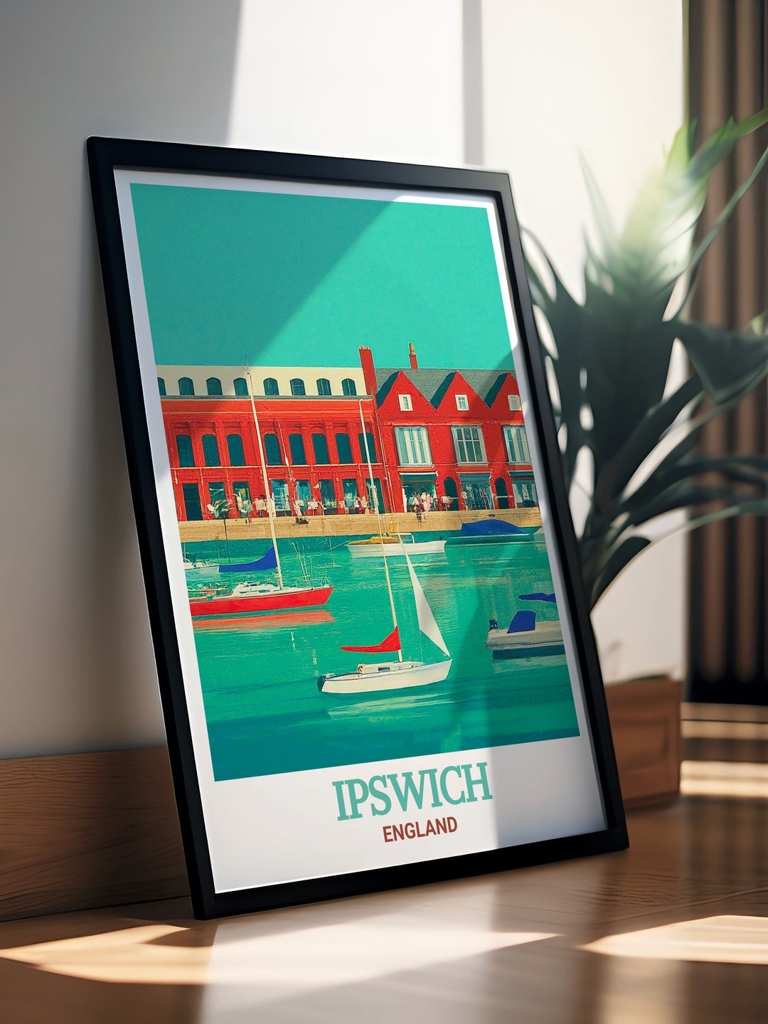 Bring the charm of the Ipswich Waterfront into your living room with this stunning wall art. The perfect UK wall print for those who love coastal views and want to add a touch of Ipswich to their home decor with vibrant colors and elegant design.