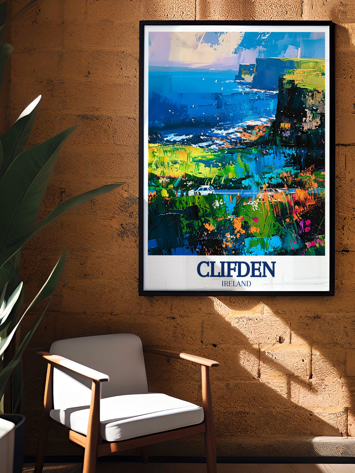 Elegant wall art of Clifden, Ireland, showcasing the harmony between the town and Clifden Bay along the Wild Atlantic Way. Ideal for anyone who loves Irish culture and coastal landscapes.