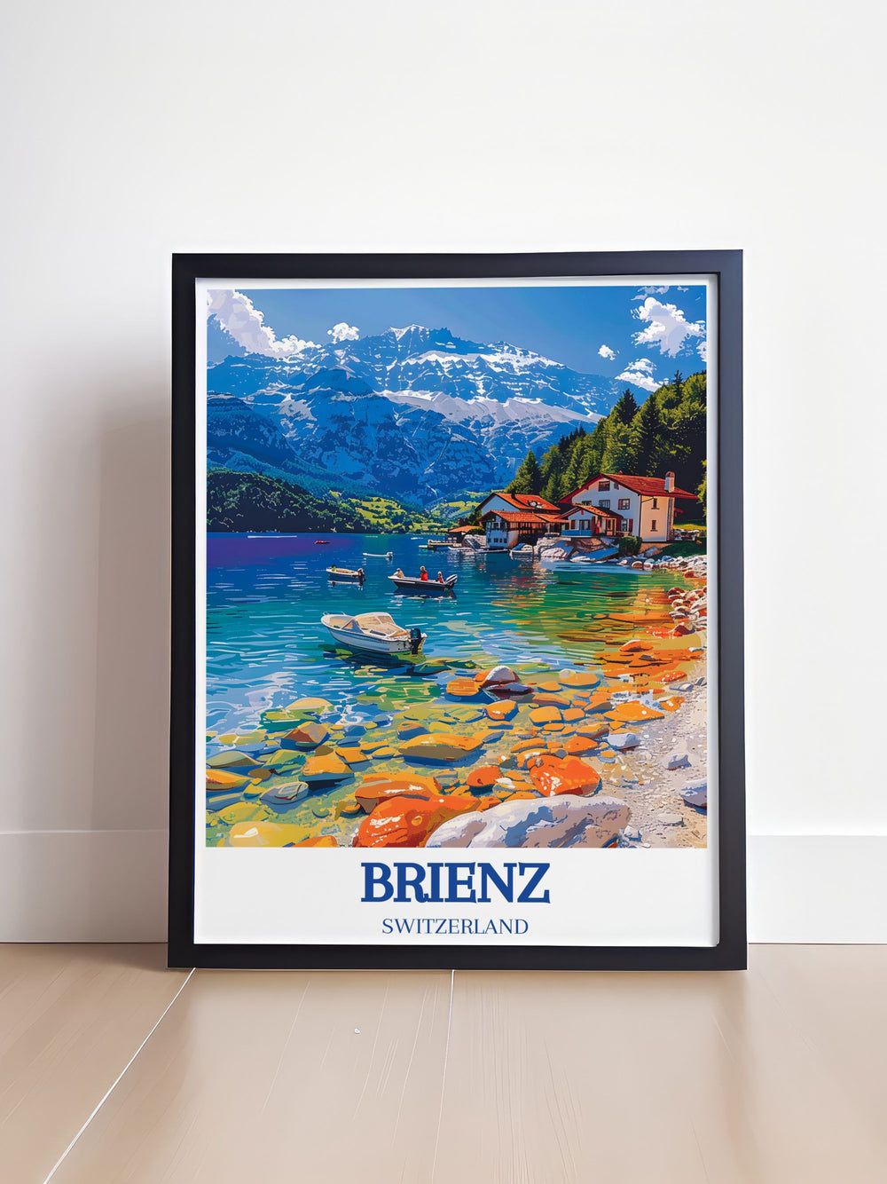 Retro travel poster featuring Lake Brienz and Brienzer Rothorn highlighting the majestic scenery of the Swiss Alps this captivating artwork is perfect for nature lovers and adds a touch of elegance to any living space