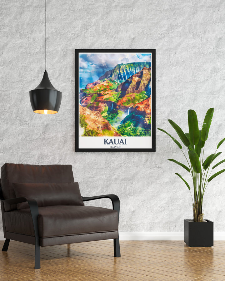 Kauai poster featuring Na Pali Coast and Wailua Falls. The stunning landscapes of Hawaii are captured in this beautiful artwork, ideal for home decor or as a thoughtful gift for loved ones who appreciate tropical destinations and nature inspired art.