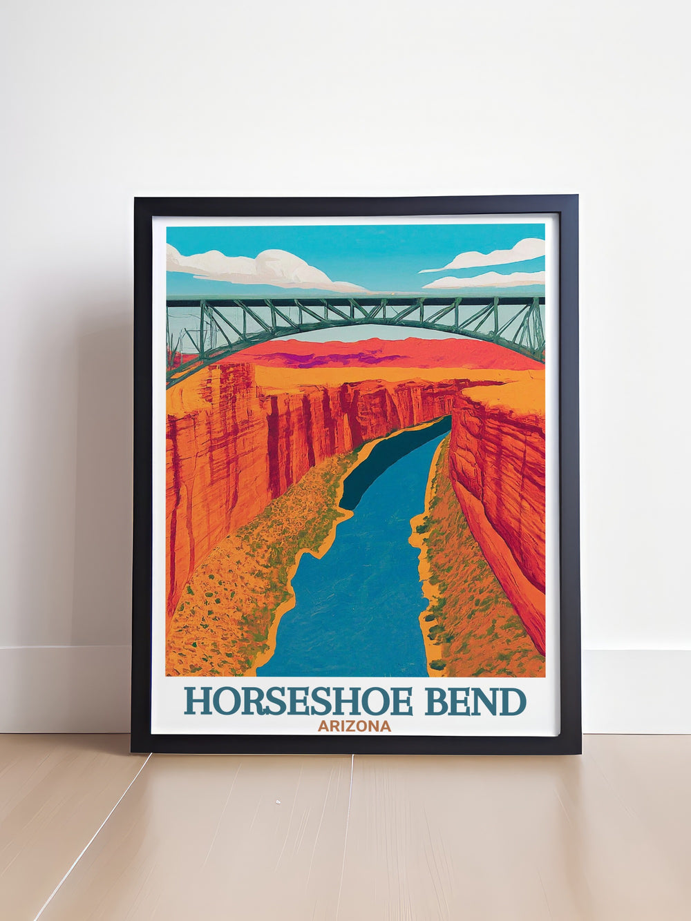 This stunning print of Horseshoe Bend and Navajo Bridge captures the sweeping curves of the Colorado River and the architectural beauty of the bridge, combining natural and man made wonders in Arizonas breathtaking landscape.