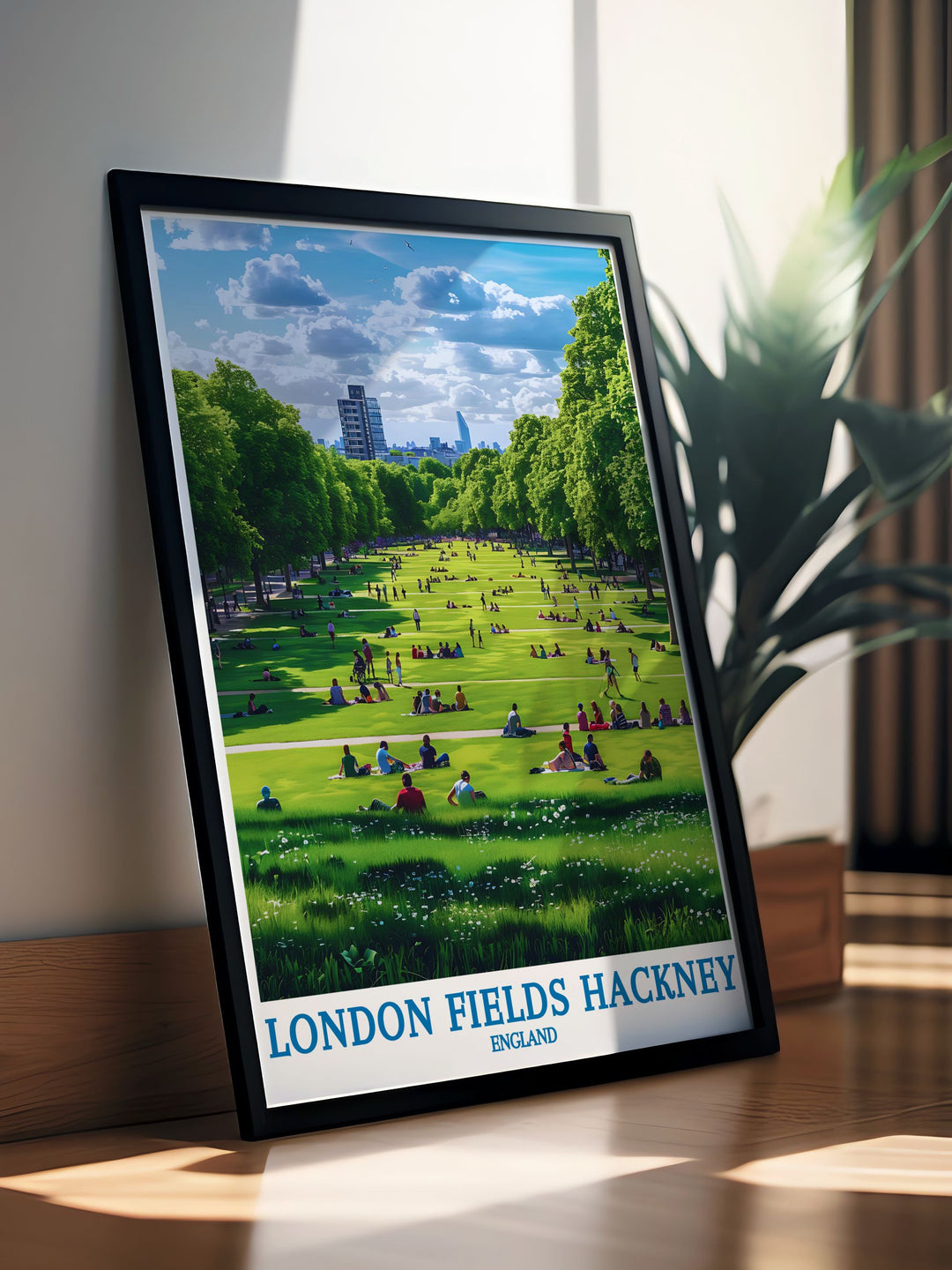 This travel poster beautifully depicts the serene beauty of London Fields Park and the vibrant life of Hackney, ideal for adding a touch of East Londons charm to any room.