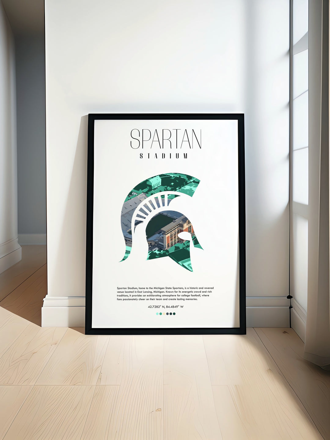 Vibrant illustration of Spartan Stadium capturing the excitement of Michigan State college football ideal for dorm rooms or as a college dorm print