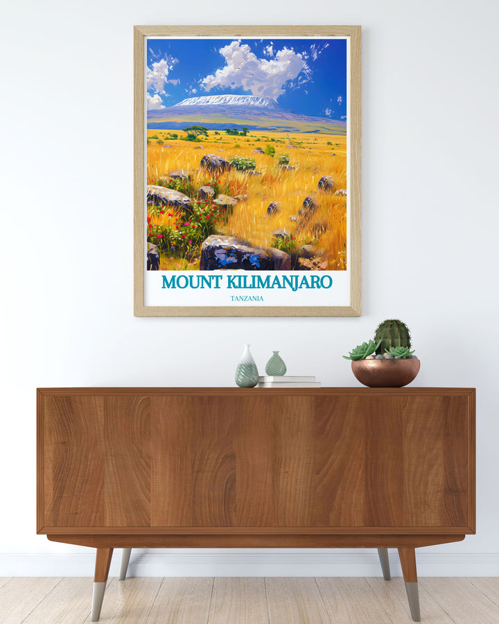 Tanzania travel poster with Shira Plateau art displaying the natural beauty of this iconic location ideal for enhancing living spaces and as a cherished gift.