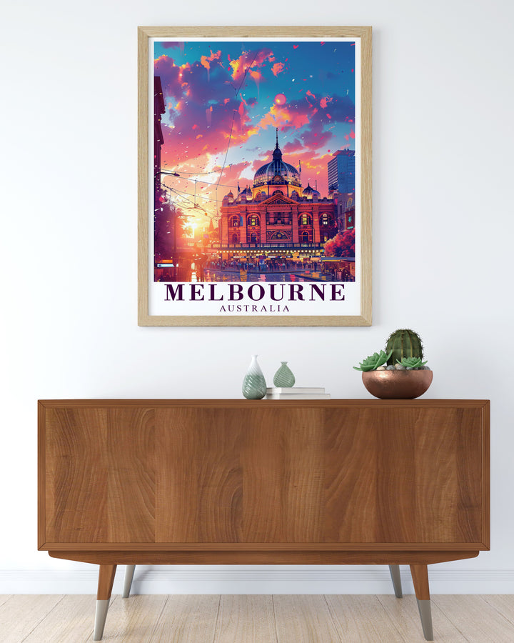 The Melbourne Print brings the streets of Australias cultural hub to life, highlighting the timeless beauty of Flinders Street Station. Ideal for adding sophistication to any space, this artwork is a must have for travel and art lovers.