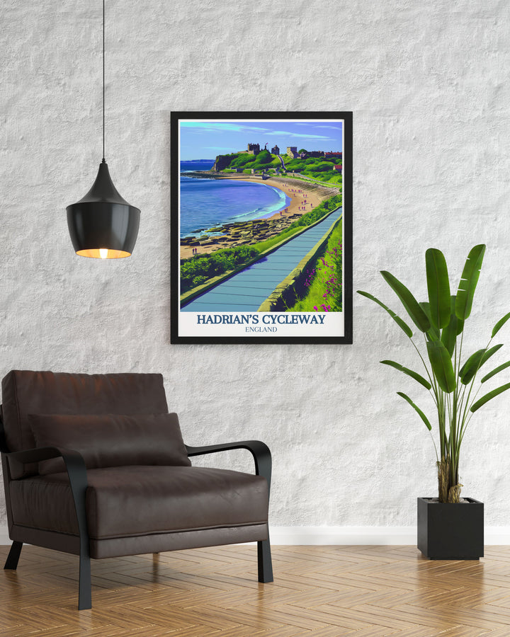 Capturing the rugged charm of the North Sea coastline, this travel poster illustrates the picturesque landscapes and historical sites along Hadrians Cycleway.