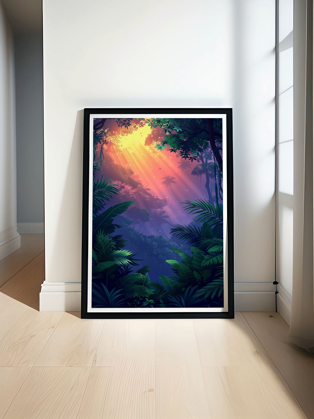 Home decor print illustrating the tranquil beauty of a foggy forest, perfect for adding a touch of natures charm to any space.