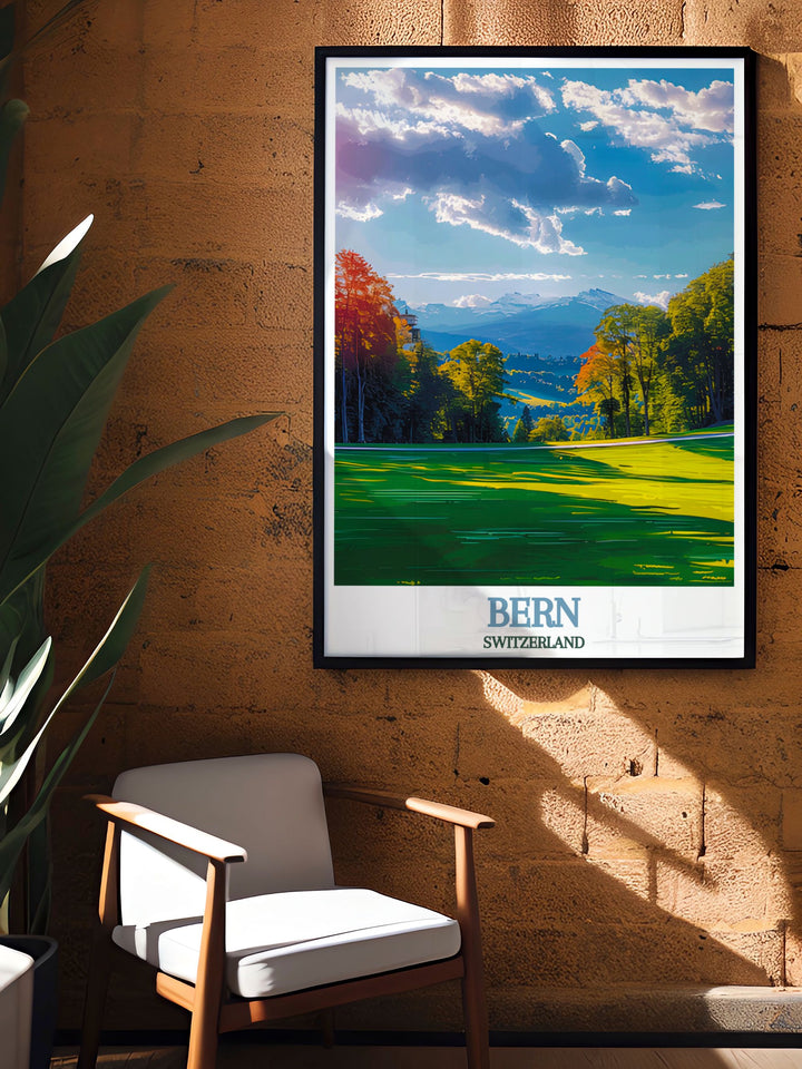 The architectural beauty of Bern and the natural splendor of the Aare River are captured in this travel poster, making it an excellent addition to any nature or history lovers collection.