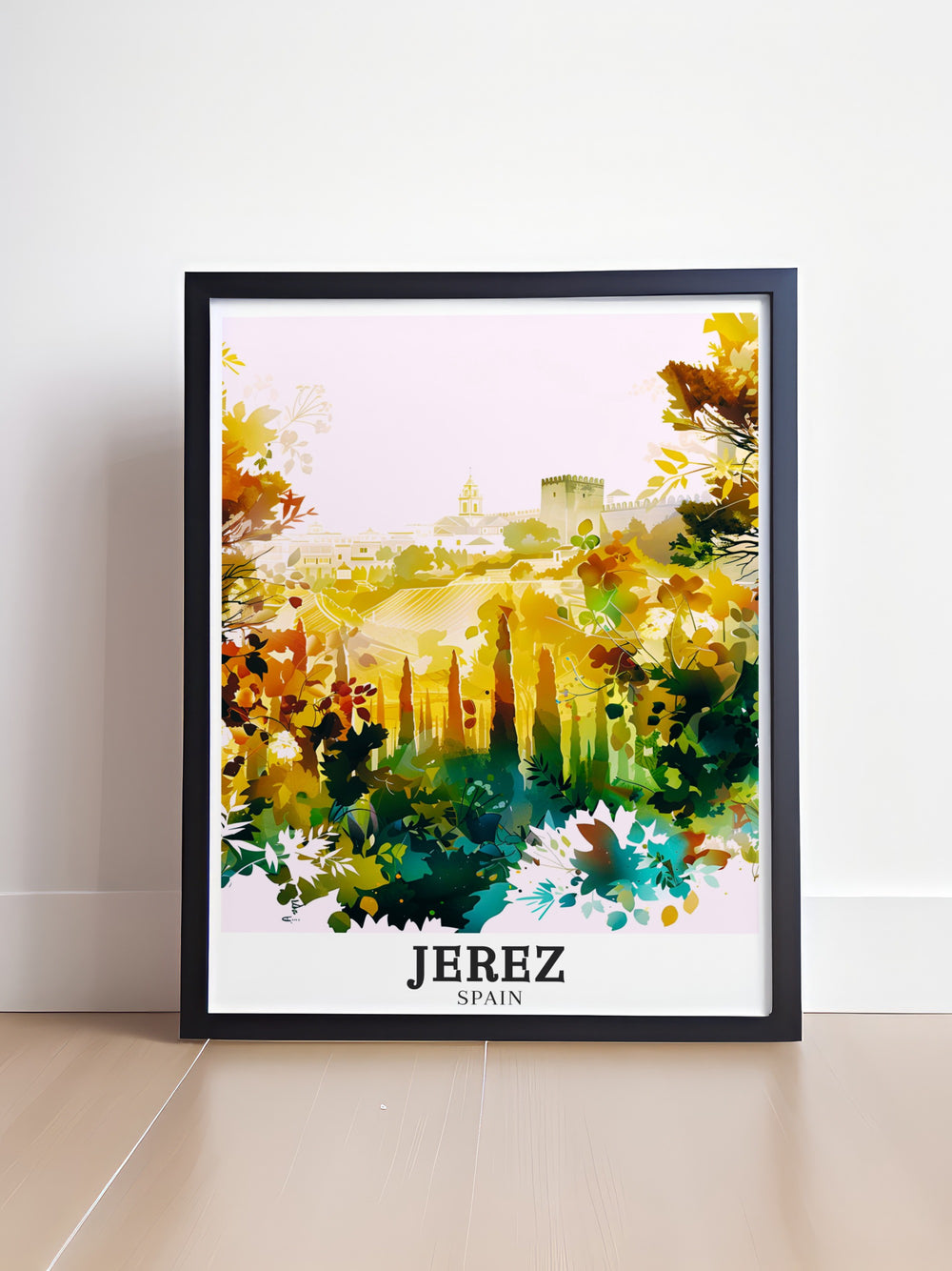 Alcázar vintage poster featuring Jerezs iconic fortress and its architectural grandeur. This travel print offers a nostalgic look at the citys historical roots, blending traditional art with a modern twist, ideal for anyone seeking to connect with Spains vibrant past.