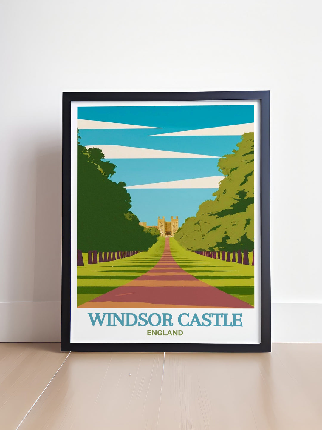 Detailed travel poster of The Long Walk, capturing the majesty of Windsor Castles royal grounds. This print serves as a beautiful tribute to the royal family and is an ideal piece for anyone who enjoys British history and architecture.