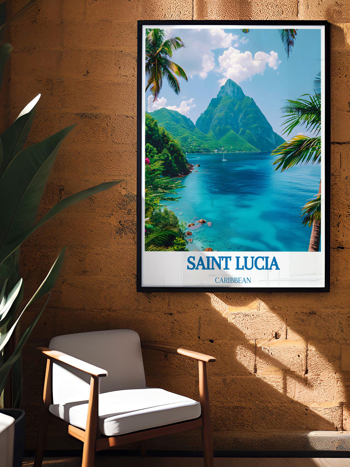 Pitons Wall Art from Saint Lucia is the perfect decor piece for anyone who appreciates the beauty of nature and the allure of the Caribbean these stunning prints bring a sense of tranquility and elegance to any space making them a wonderful gift for any occasion