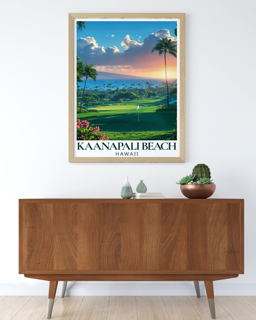 Maui print showcasing the picturesque Kaanapali Beach and nearby attractions. This wall art reflects the peaceful nature and vibrant scenery of Hawaii, offering a stunning representation of Mauis island life for travelers and beach lovers alike.