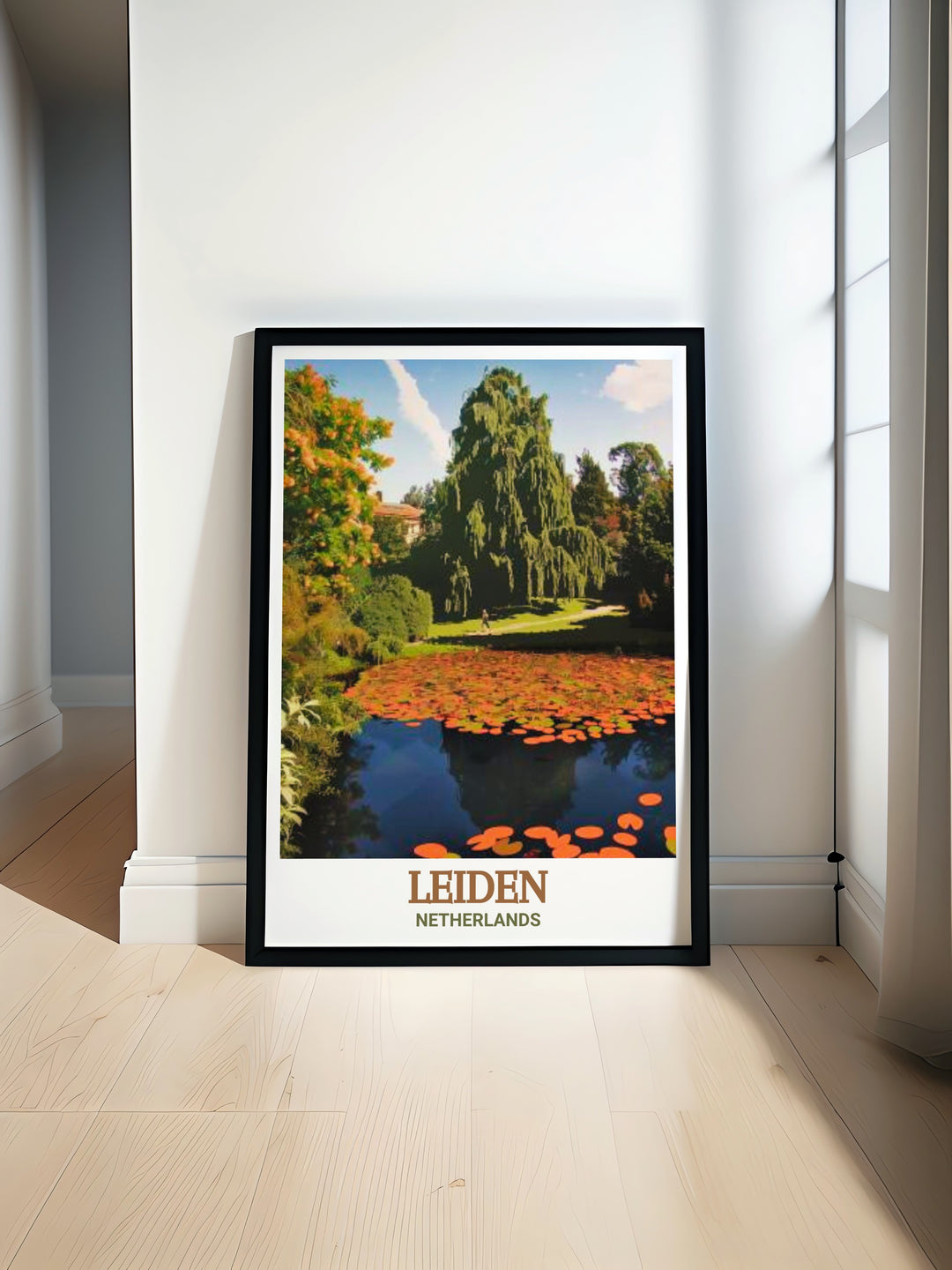 Hortus Botanicus travel poster highlighting the vibrant greenery and peaceful ambiance of one of the worlds oldest botanical gardens in Leiden, Netherlands. This canvas art is perfect for anyone who loves nature and is looking to bring a piece of tranquility into their living space.