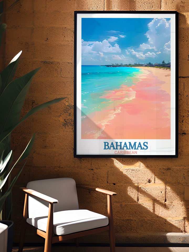 Pink Sands Beach Travel Print captures the stunning beauty of one of the Bahamas most famous beaches. This Caribbean wall art is perfect for beach lovers and travelers, offering a vibrant and serene view of this tropical paradise. A thoughtful gift for any occasion.