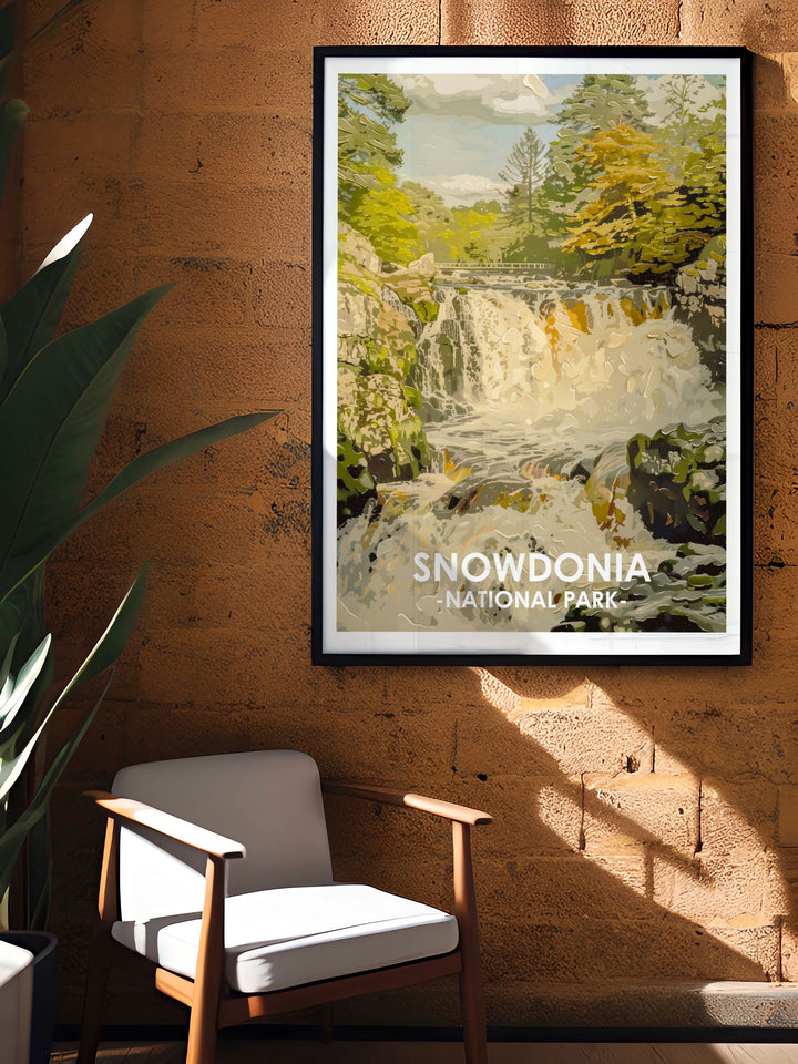 Mountain art print showcasing the breathtaking views of Swallow Falls within Snowdonia National Park a perfect addition to home living decor and a unique gift for outdoor enthusiasts