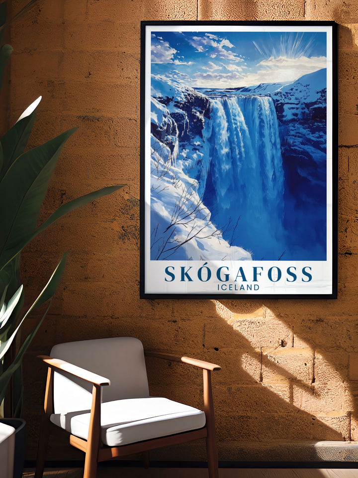 Skogafoss waterfall Winter bucket list print highlighting the beauty of one of Icelands most visited landmarks during winter perfect for inspiring your next travel adventure and adding to your art collection.