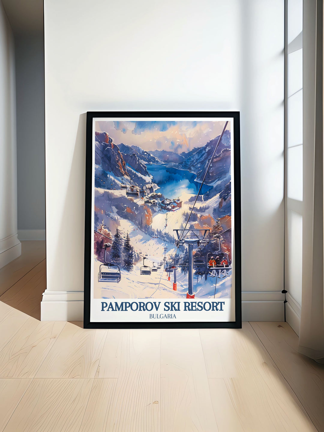 Smolyan Lakes Rhodope Mountains retro ski poster showcasing the snowy slopes of Pamporovo ideal for adding a touch of vintage charm to any room perfect for ski enthusiasts and travelers who love Bulgarias top ski destinations