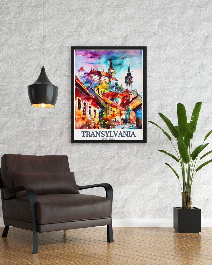 This Transylvania travel poster showcases two of Romanias most iconic landmarks Bran Castle, often associated with Dracula, and the medieval Sighișoara Citadel. Ideal for art lovers and adventure seekers, this framed artwork offers a glimpse into the heart of Romania.