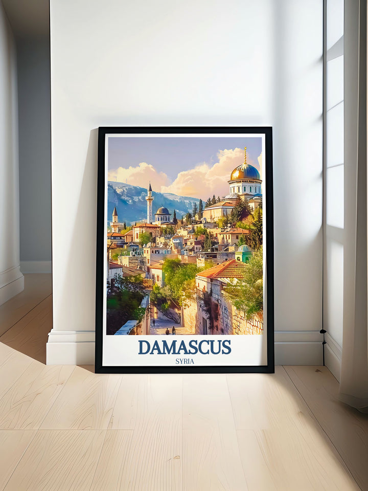 This Damascus travel print captures the stunning skyline of the Old City and Christian Quarter, offering a glimpse into the architectural beauty of Syrias historic capital. Perfect for home décor or as a gift for those who love cultural exploration.