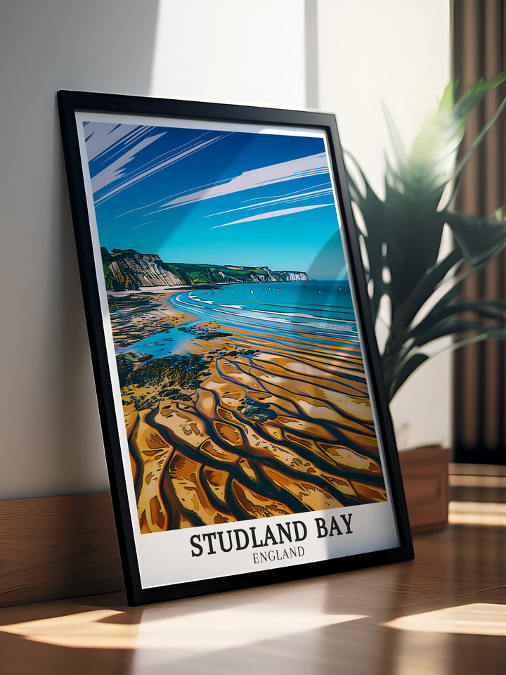 Beautifully crafted England poster print of Studland Bay and Middle Beach Dorset Beaches perfect for enhancing your home decor with a coastal vibe. This art piece is a great choice for gifts for family or friends who enjoy Englands scenic beaches.