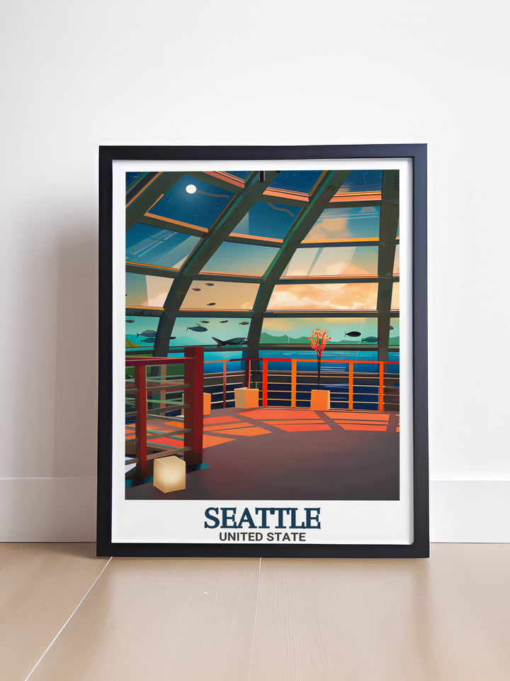 A Seattle travel poster featuring the skyline with the Space Needle, complemented by the citys waterfront views. This print is ideal for those who admire Seattles urban charm and want to bring a piece of the Pacific Northwest into their home.