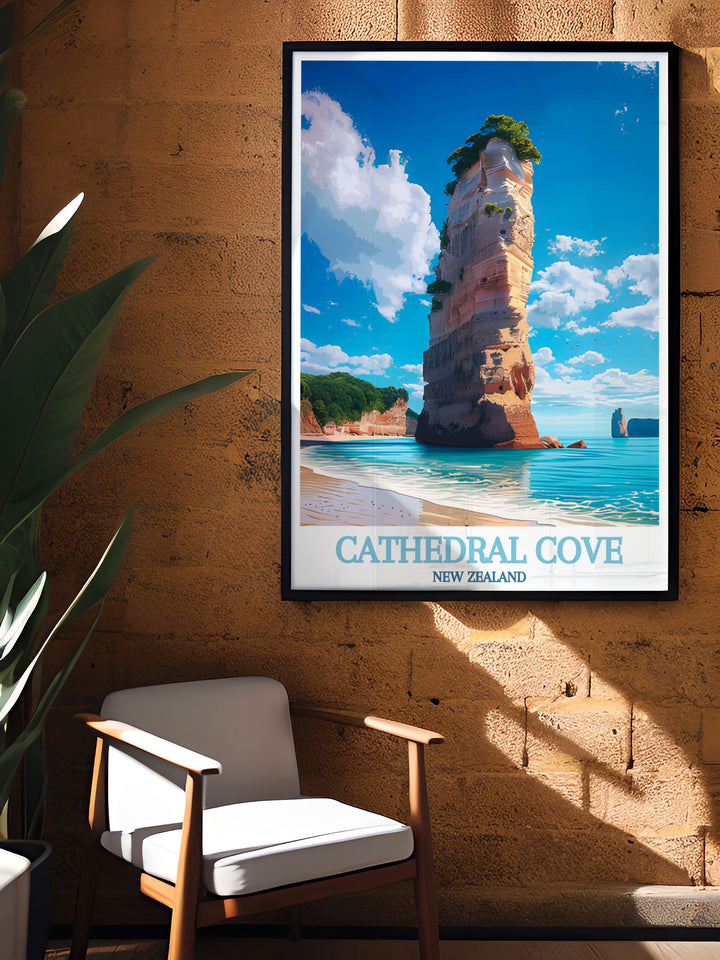 Te Hoho Rock stands tall and majestic against the azure backdrop of the sea, creating a breathtaking scene at Cathedral Cove.