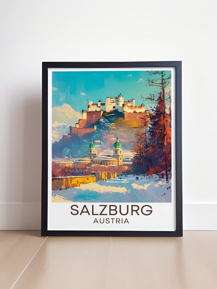 Zauchensee skiing and Hohensalzburg Fortress in Salzburg are featured in this vintage travel print. Ideal for home decor, it adds a touch of adventure and history to your space. Perfect for ski enthusiasts and fans of Austrian landmarks.