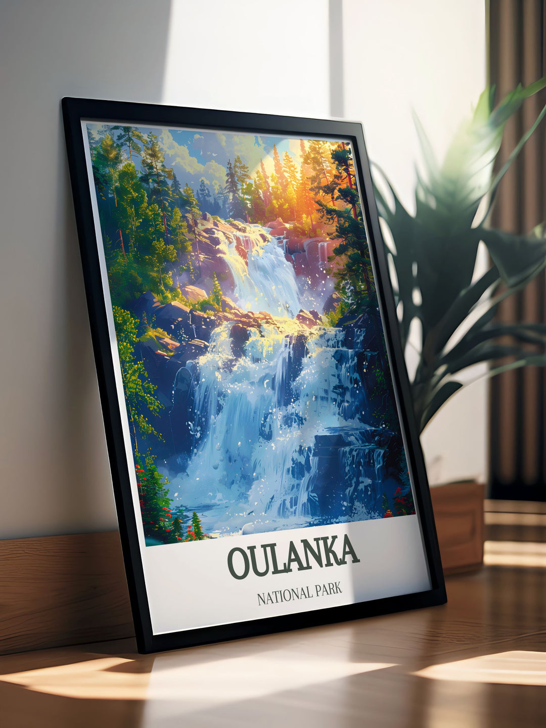 National Park Poster highlighting Kiutakongas Rapids in Finland offering a stunning depiction of the rapids vibrant colors and intricate details perfect for those who appreciate the majesty of nature and Scandinavian art