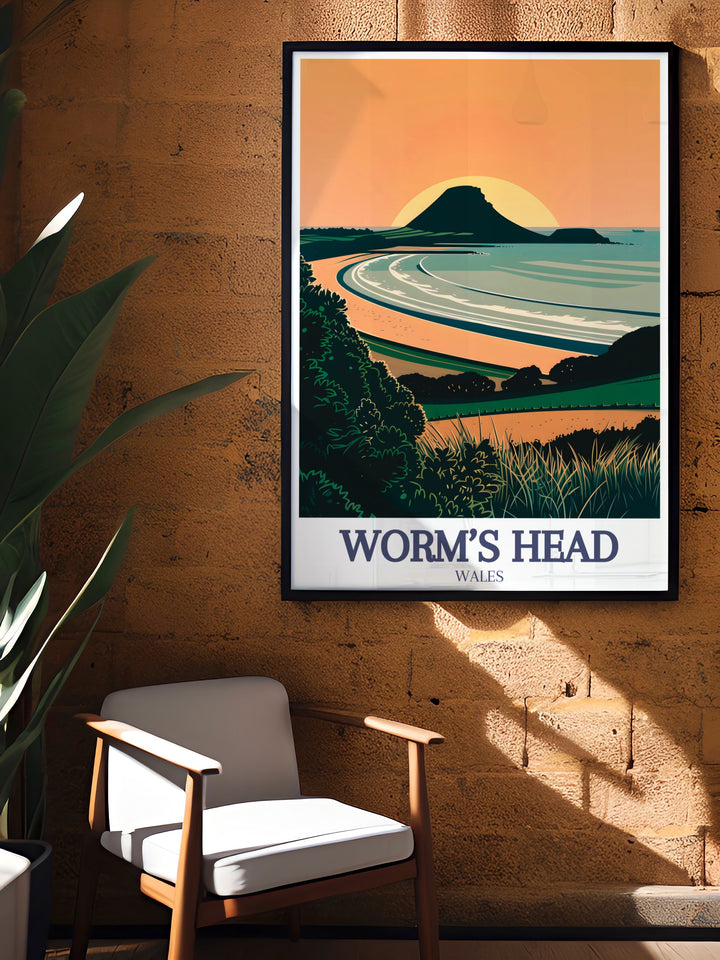 Gower Peninsula Poster Print captures the breathtaking coastal views of Rhossili Bay, with Worms Head stretching out into the sea. This travel print is perfect for adding a touch of natures beauty to any space and makes a great gift for those who love the UKs landscapes.