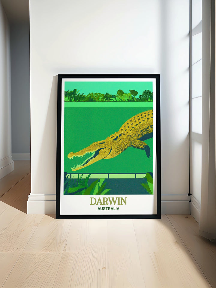 Australias Crocosaurus Cove travel print, featuring the iconic saltwater crocodiles of Darwin, captures the wild heart of Australia. Perfect for home decor, this Darwin poster blends modern urban life with untamed nature, bringing Australias Northern Territorys vibrancy into any room. Ideal for travel art lovers and gifts for adventurers.