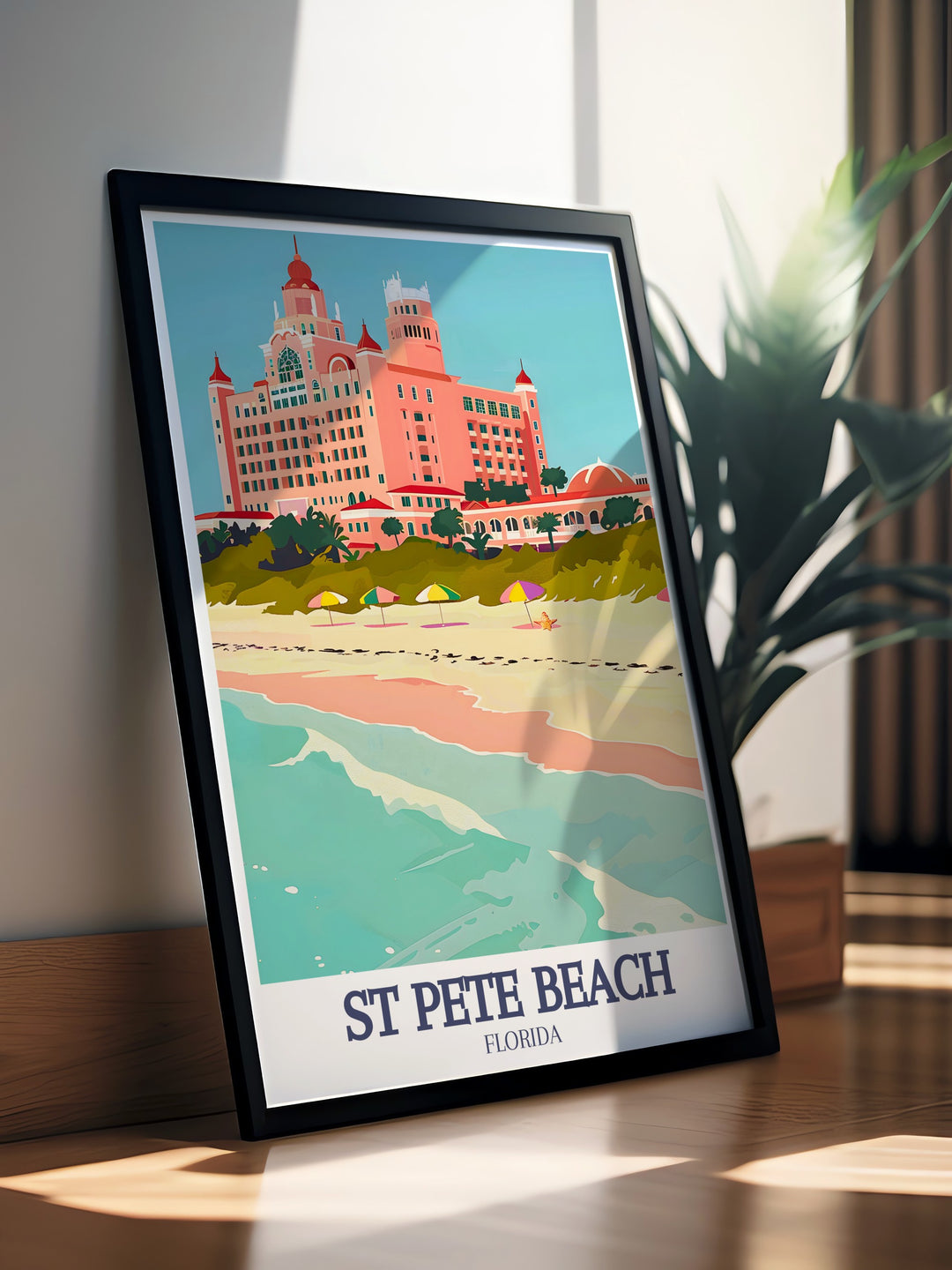 Captivating St Pete Beach artwork showcasing the iconic Don CeSar Hotel and Pass a Grille Beach perfect for creating a serene atmosphere in your living space with beautiful Florida wall decor