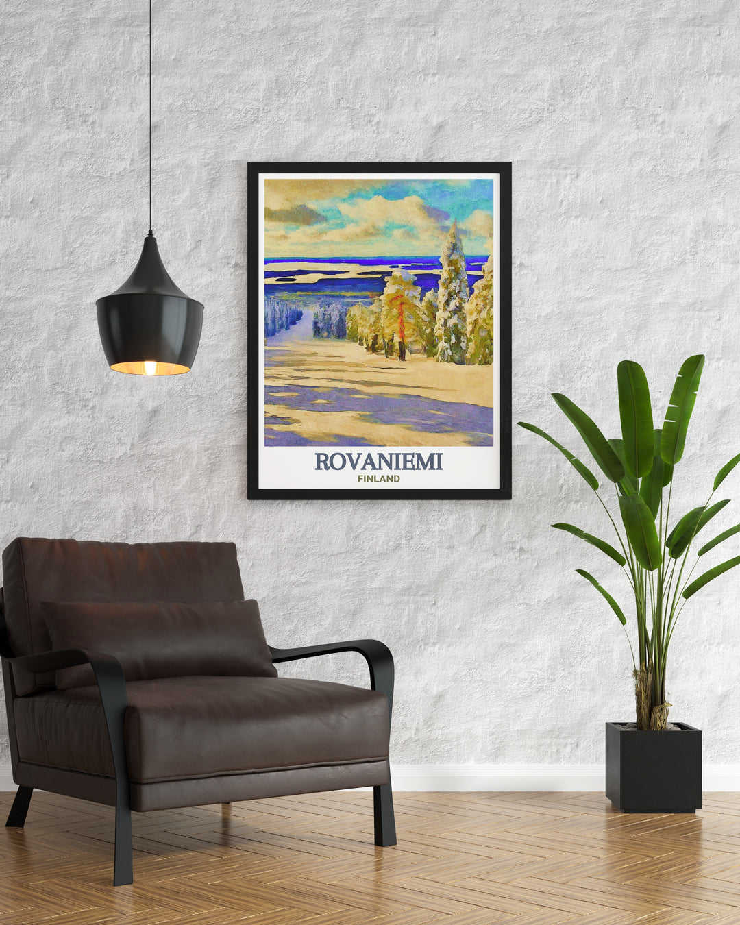 Celebrate the spirit of Finland with this travel print featuring Rovaniemi and Ounasvaara Ski Resort. The artwork captures the essence of Finnish Lapland, making it an excellent addition to any winter themed decor.