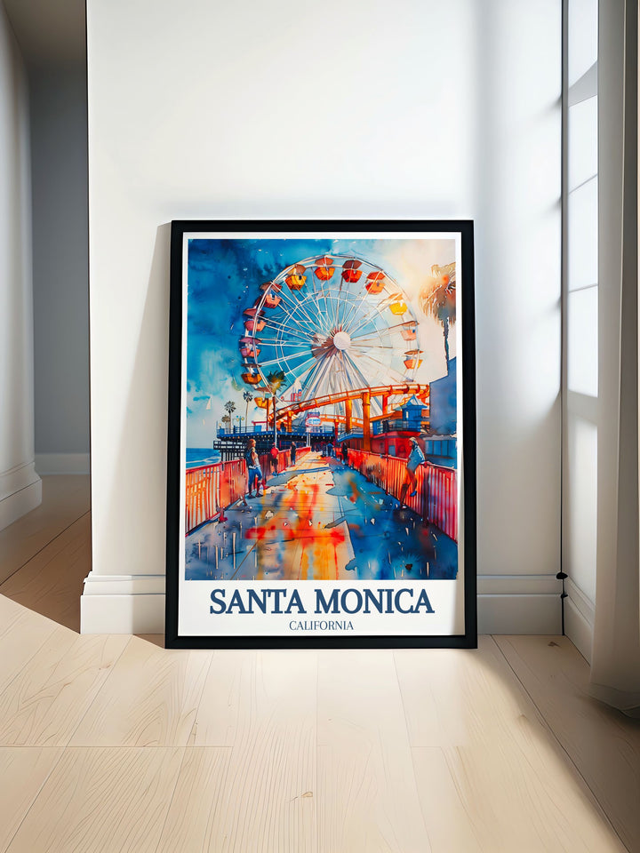 Elegant print of Santa Monica Pier, emphasizing its historical charm, entertainment offerings, and beautiful oceanfront setting. A captivating piece for any home decor.