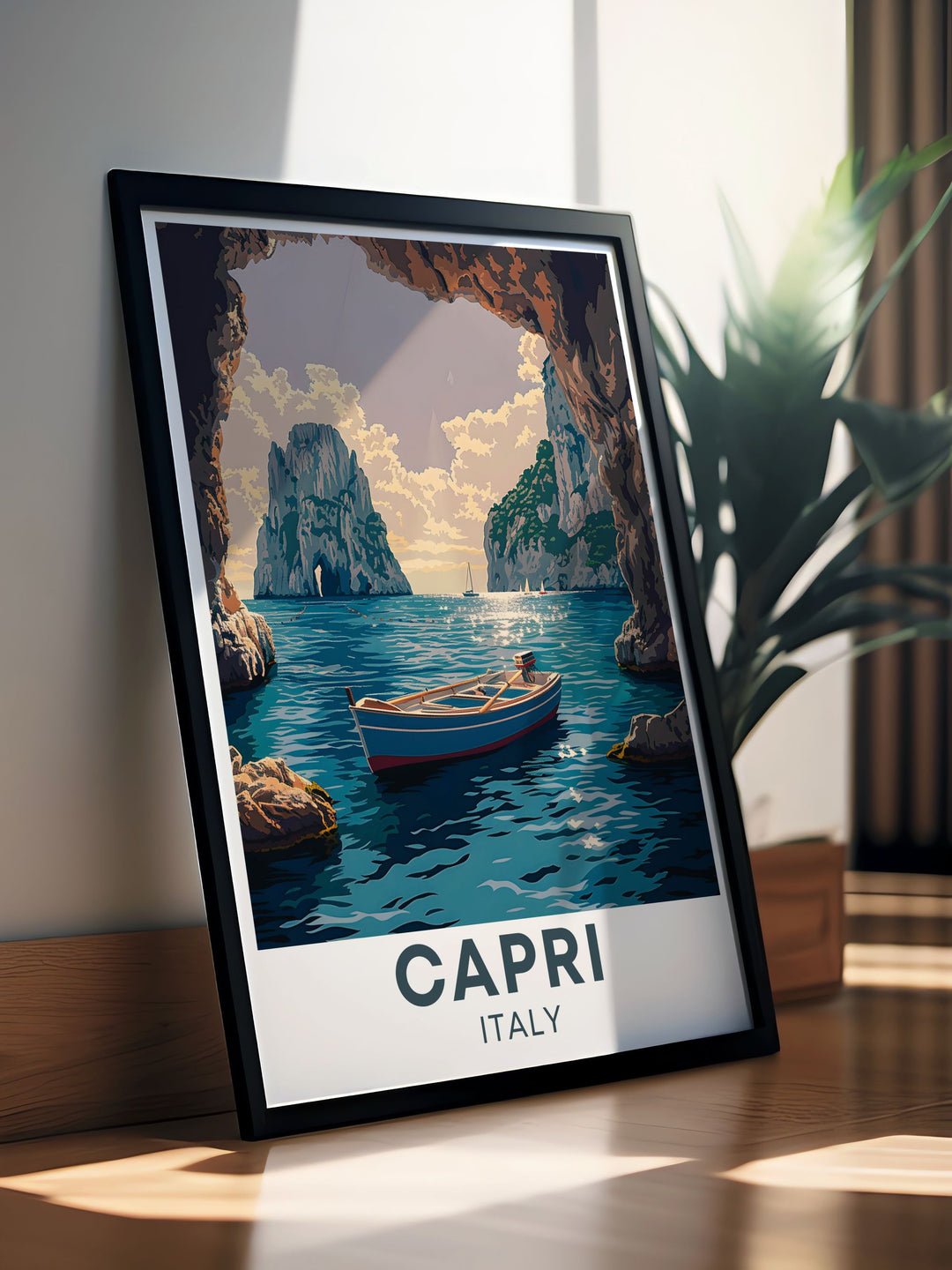 This travel poster beautifully depicts the magic of the Blue Grotto, with its iconic blue waters and serene ambiance, making it an ideal piece for nature enthusiasts and collectors. Bring the beauty of Capri into your home with this exquisite print.