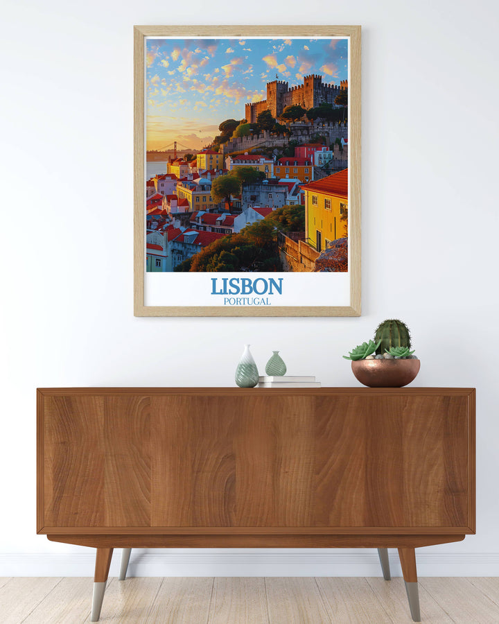 Modern Sao Jorge Castle Print showcasing the detailed architecture of this historic site with a minimalist design ideal for enhancing your living room and home decor.