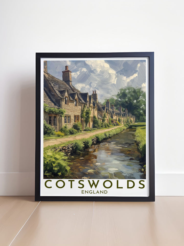 Highlighting the serene vistas of the Cotswolds and the bustling atmosphere of Arlington Row, this travel poster is perfect for those who appreciate the scenic and historical richness of England.