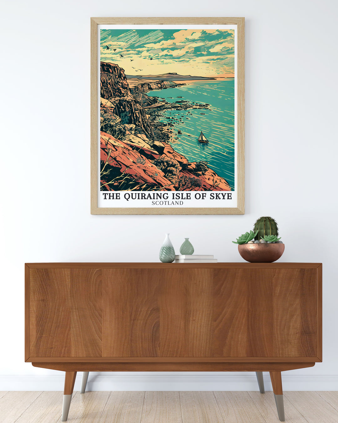 Vintage travel print of the Isle of Skye with a focus on The Quiraing and the iconic Old Man of Storr complemented by views of Trotternish Ridge and Staffin Bay ideal for enhancing any living space with a touch of Scotland.