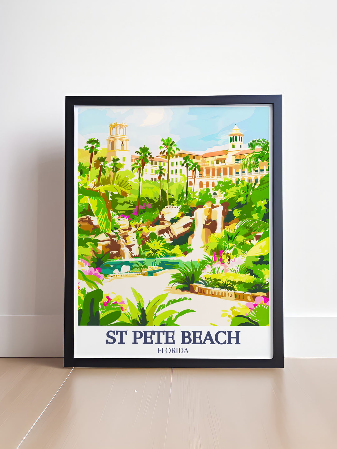 Stunning St Pete Beach art with the serene St Pete shoreline and iconic Saint Pete Beach Hotels designed to elevate your living room decor with a touch of coastal elegance and timeless beauty