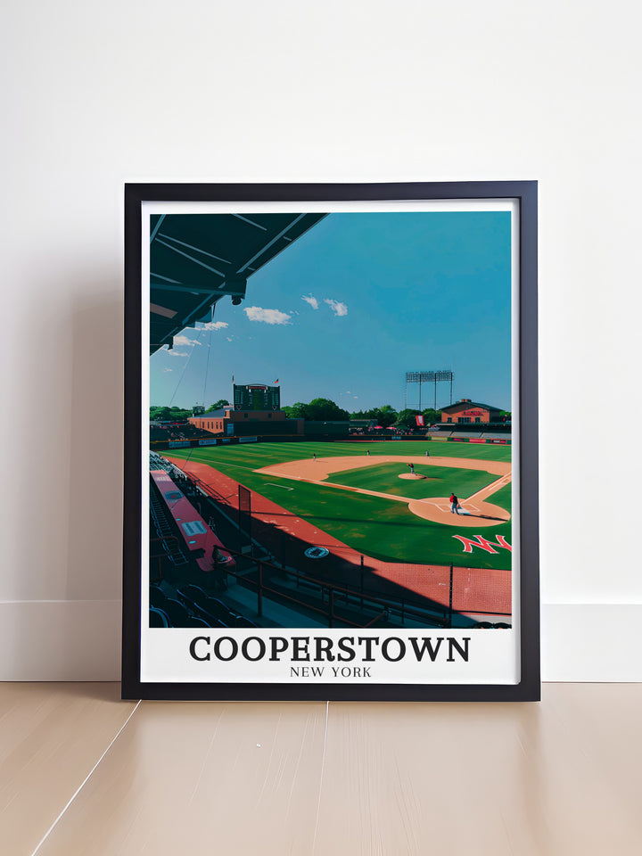 Featuring a vintage style, this travel poster of the National Baseball Hall of Fame and Doubleday Field brings a nostalgic vibe to any room. A must have for Cooperstown lovers and baseball fans alike.