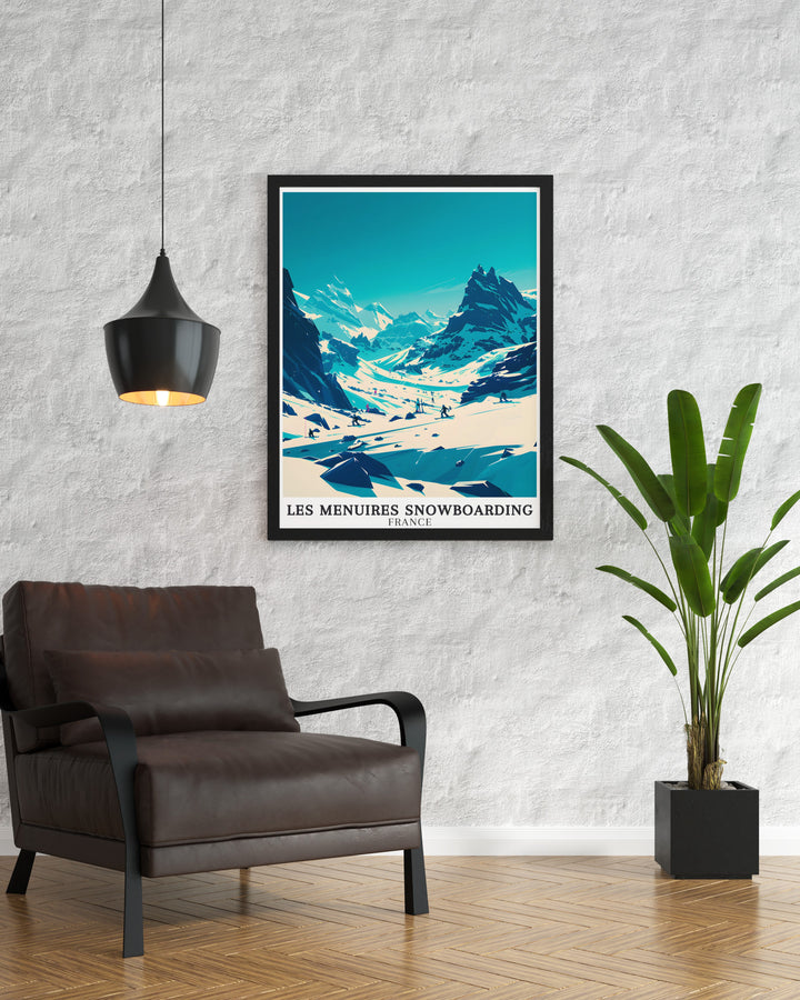 Add adventure to your home with this Les Menuires Three Valleys Snowboarding Poster featuring vibrant snowboarding scenes from the French Alps a perfect gift for snowboarders or skiers who appreciate modern mountain art