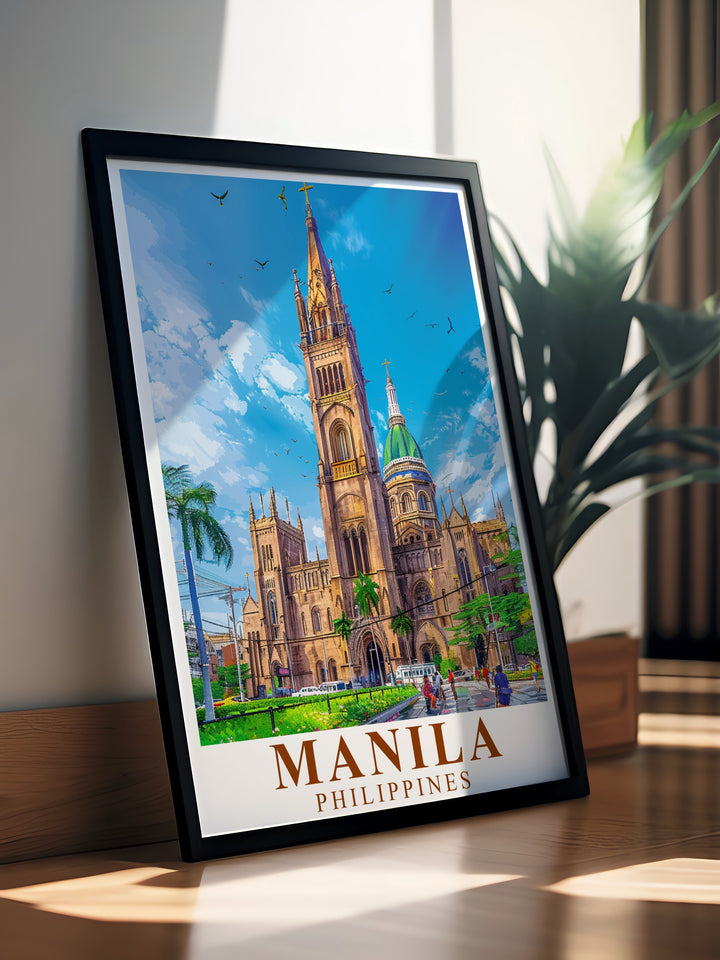 This Manila Travel Poster Print captures the lively spirit of the Philippines capital, featuring the iconic Manila Cathedral and the colorful cityscape. Perfect for home décor or as a gift, this canvas art brings the essence of Manila into your living space.