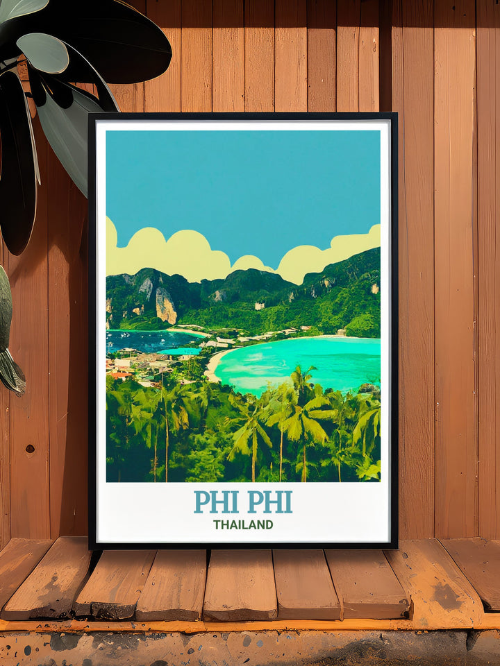 Thailand travel poster featuring the iconic Phi Phi Viewpoint, where the natural beauty of the Phi Phi Islands is captured in vivid detail. This vintage style wall poster is perfect for anyone looking to bring a piece of Thailands tropical paradise into their living space.