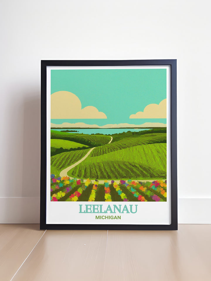 Leelanau Wall Print illustrating the peaceful and vibrant scenery of Michigans Leelanau Wine Trail, where vineyards and lakes create an idyllic landscape. This wall print is ideal for adding a touch of Michigans natural beauty to your home decor.