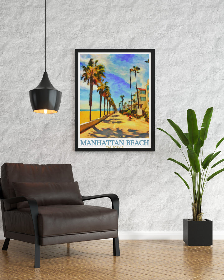 Celebrate the spirit of California with this Manhattan Beach poster print, featuring the famous Strand path alongside the sparkling Pacific Ocean. The perfect piece for beach lovers, this artwork brings the vibrant lifestyle of the coast into your living space.