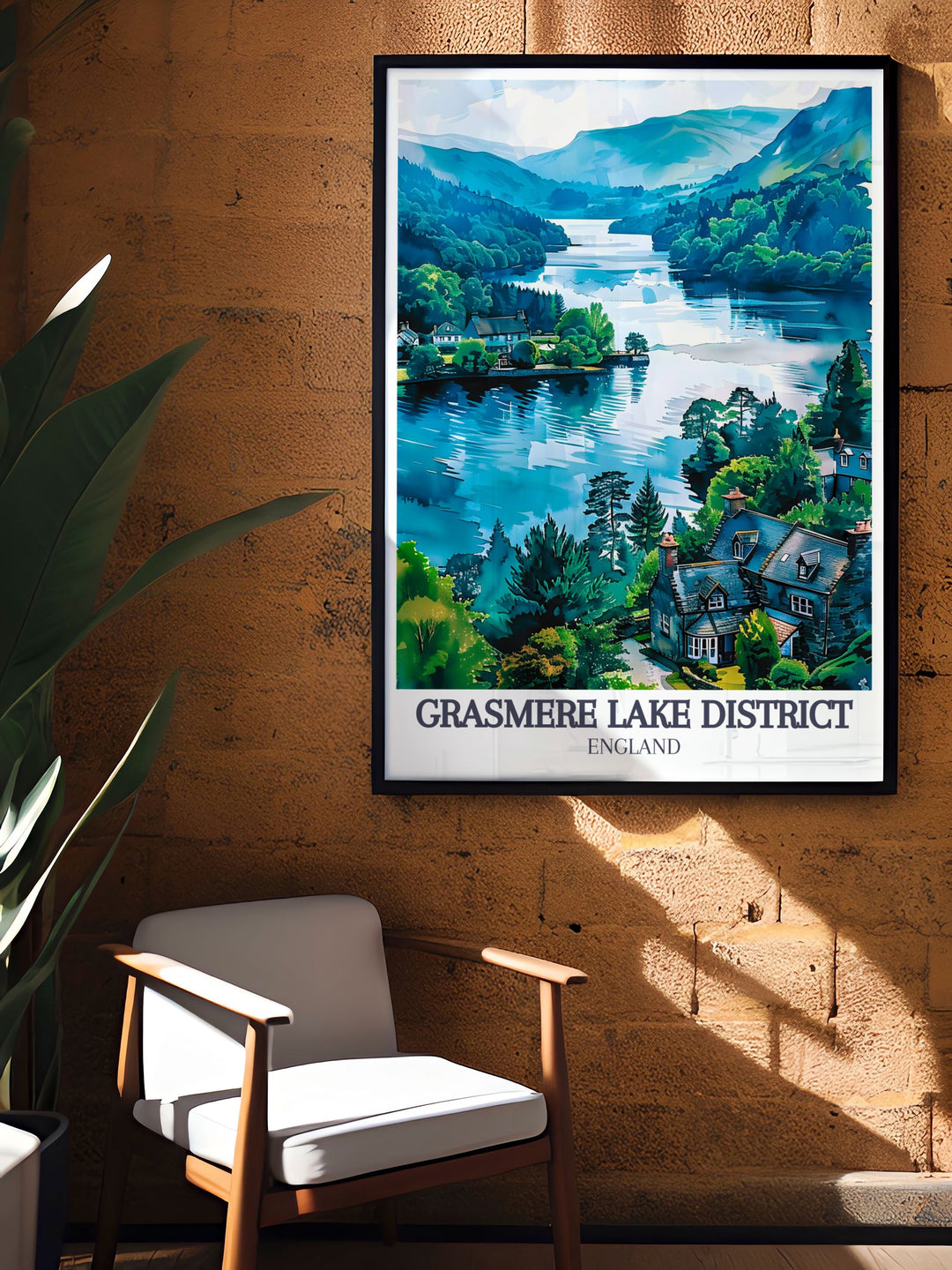 This travel poster of Grasmere in the Lake District, England, features the calm lake and charming village, creating a vibrant and detailed artwork that celebrates the regions unique scenery.