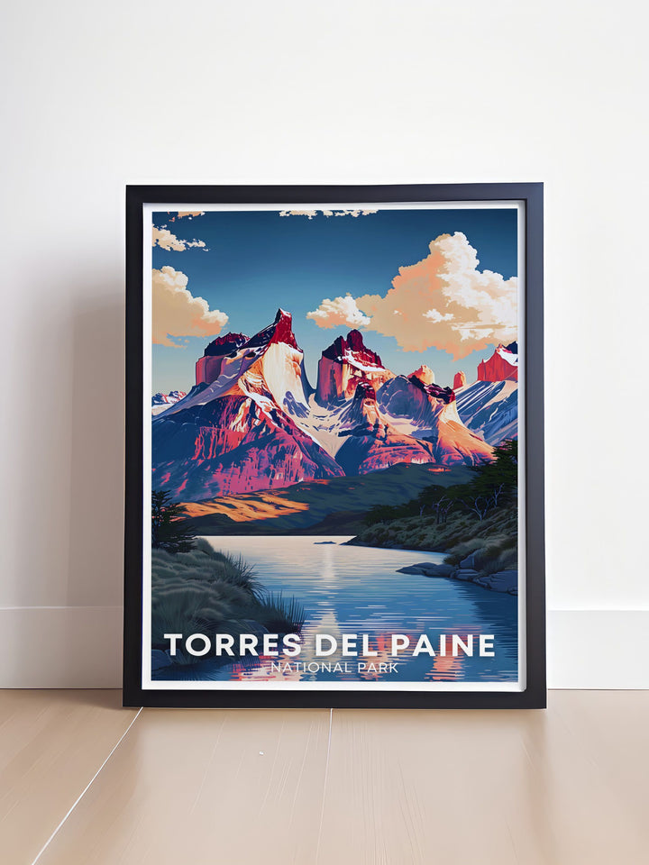 Chile travel poster with a stunning depiction of Cuernos del Paine in Torres del Paine National Park, Patagonia Chile. Perfect for adding a touch of adventure and natural beauty to your wall art collection, this print is a must have for any traveler.